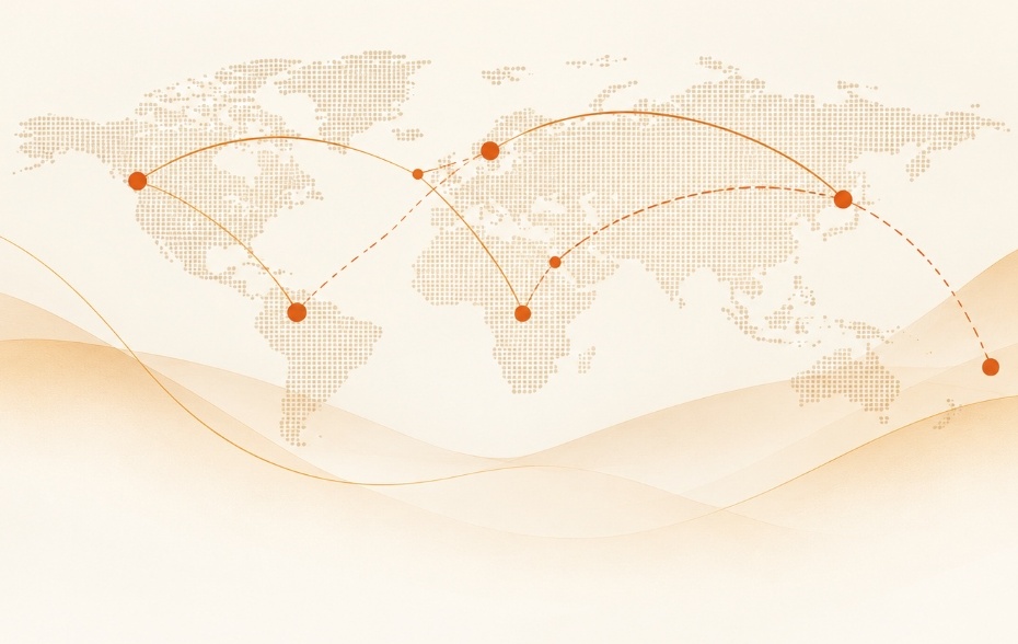 Global shipping route map with transit paths connecting international ports