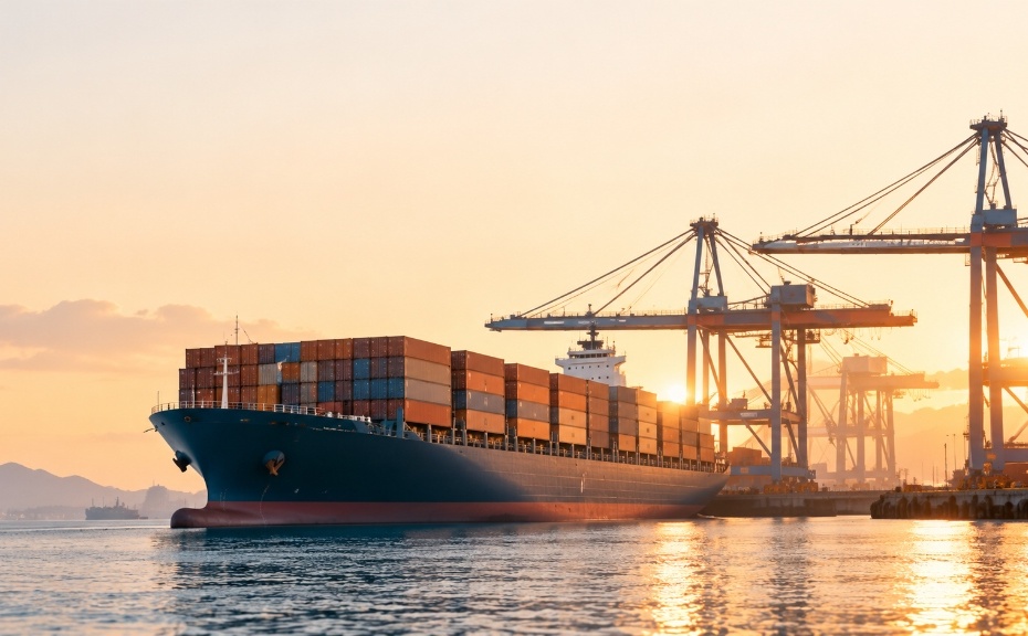 Container cargo ship at international maritime port terminal